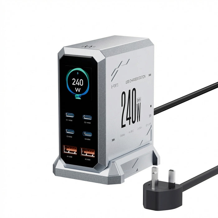 240W GaN 6-in-1 Charger — 140W PD3.1, Digital Display & Ambient Light (USB‑C / USB‑A)