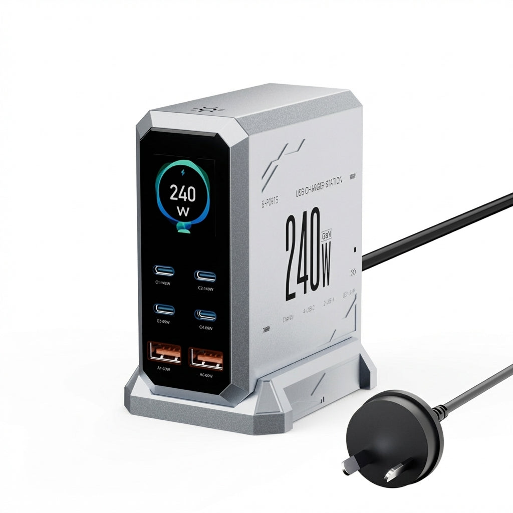 240W GaN 6-in-1 Charger — 140W PD3.1, Digital Display & Ambient Light (USB‑C / USB‑A)