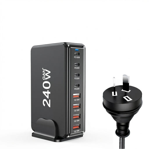 240W 6‑Port GaN PD Charger — 4 Type‑C & 2 USB‑A, Travel USB Tower for iPhone, iPad & MacBook