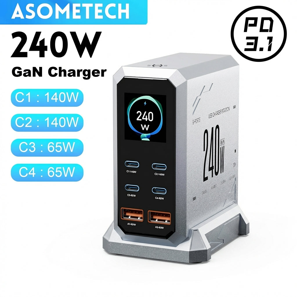 240W GaN Desktop Charger — 6‑Port (4×USB‑C, 2×USB‑A), 140W PD3.1 & PPS