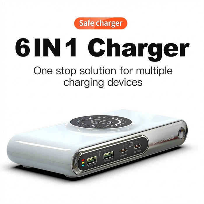 5-in-1 USB-C Charger Station 72W — 4-Port + Magnetic Wireless (PD45W) with LED colour nightlight F9A