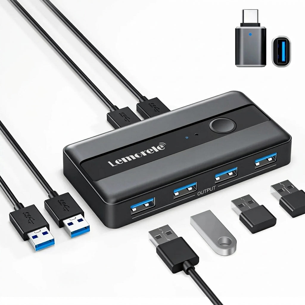 USB 3.0 KVM Switcher — 2 PC Inputs, 4 USB Outputs for Printers & Peripherals