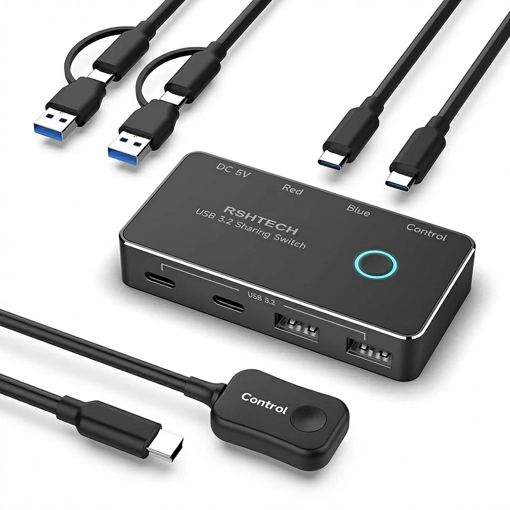 RSHTECH USB‑C KVM Switch RSH‑A201C — 2 Computers, 4 USB Devices, Controller