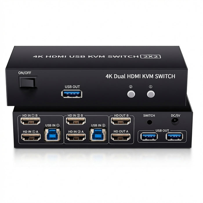 Dual‑Monitor HDMI KVM Switch 2x2 USB 3.0/2.0 4K 60Hz — 2 PCs, 2 Monitors