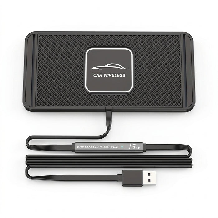 15W Qi Wireless Car Charger Pad with USB — QC3.0 Input, Compatible with iPhone 11–16 & Qi Devices