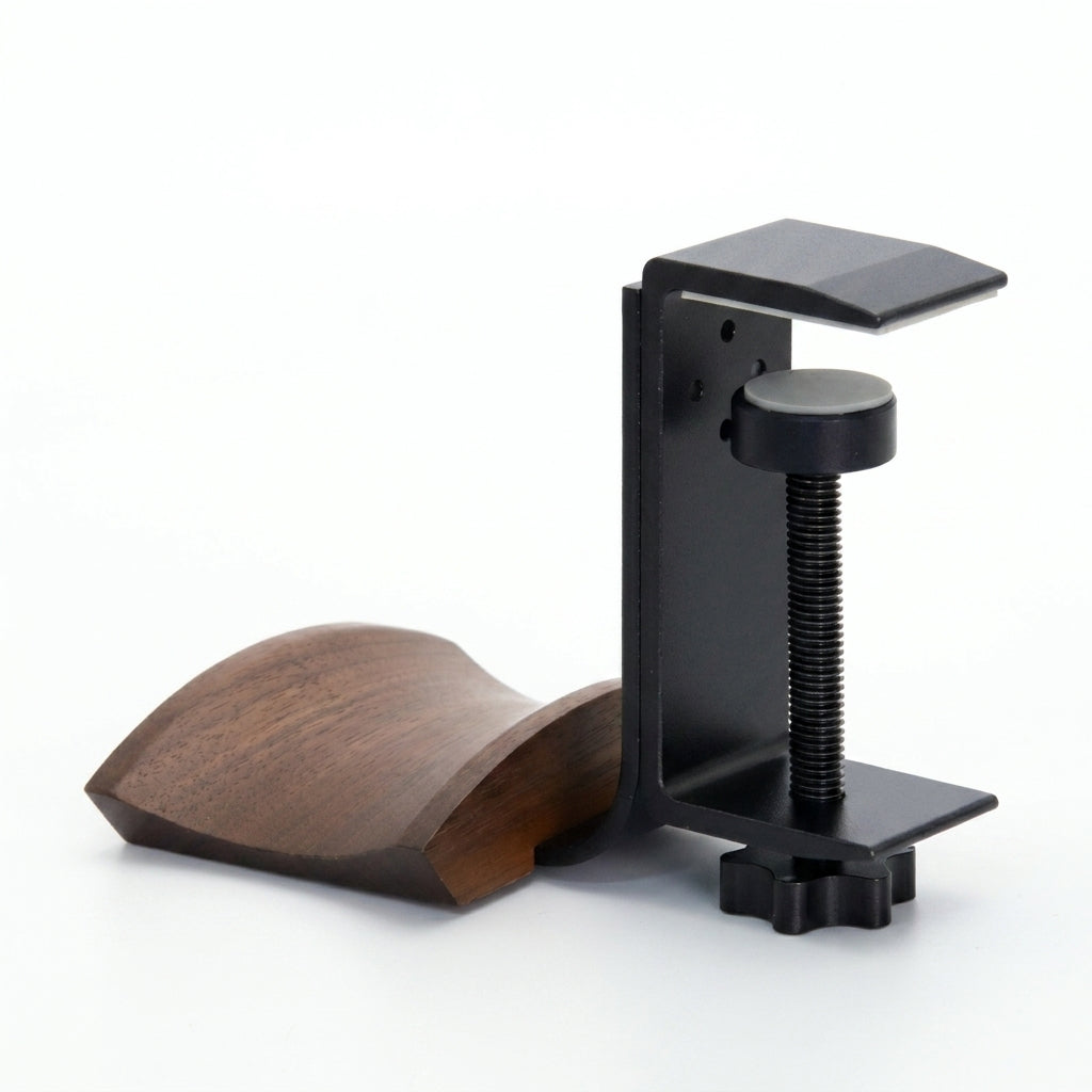 Clip-style Desktop Headphone & Earphone Holder — Aluminium Alloy & Solid Wood