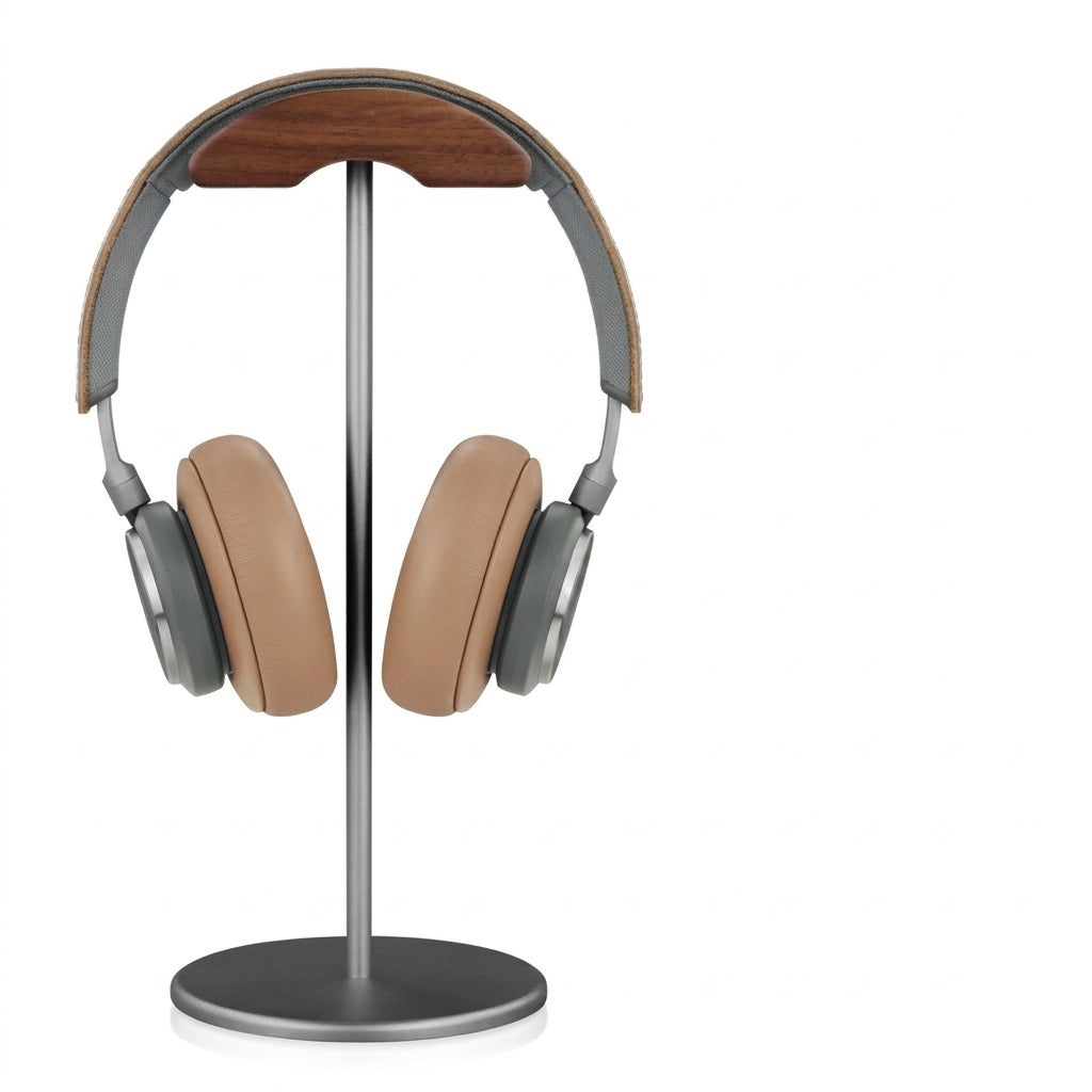 Walnut Wood & Aluminium Headphone Stand with Solid Metal Base — Desk Headset Holder