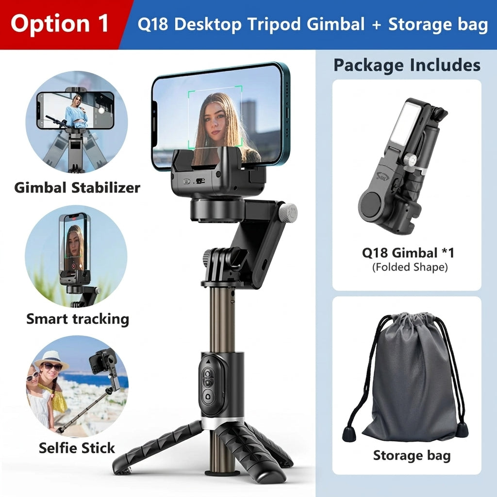 Q18 360° Follow-Tracking Gimbal — Selfie Stick Tripod with Fill Light for iPhone & Smartphones