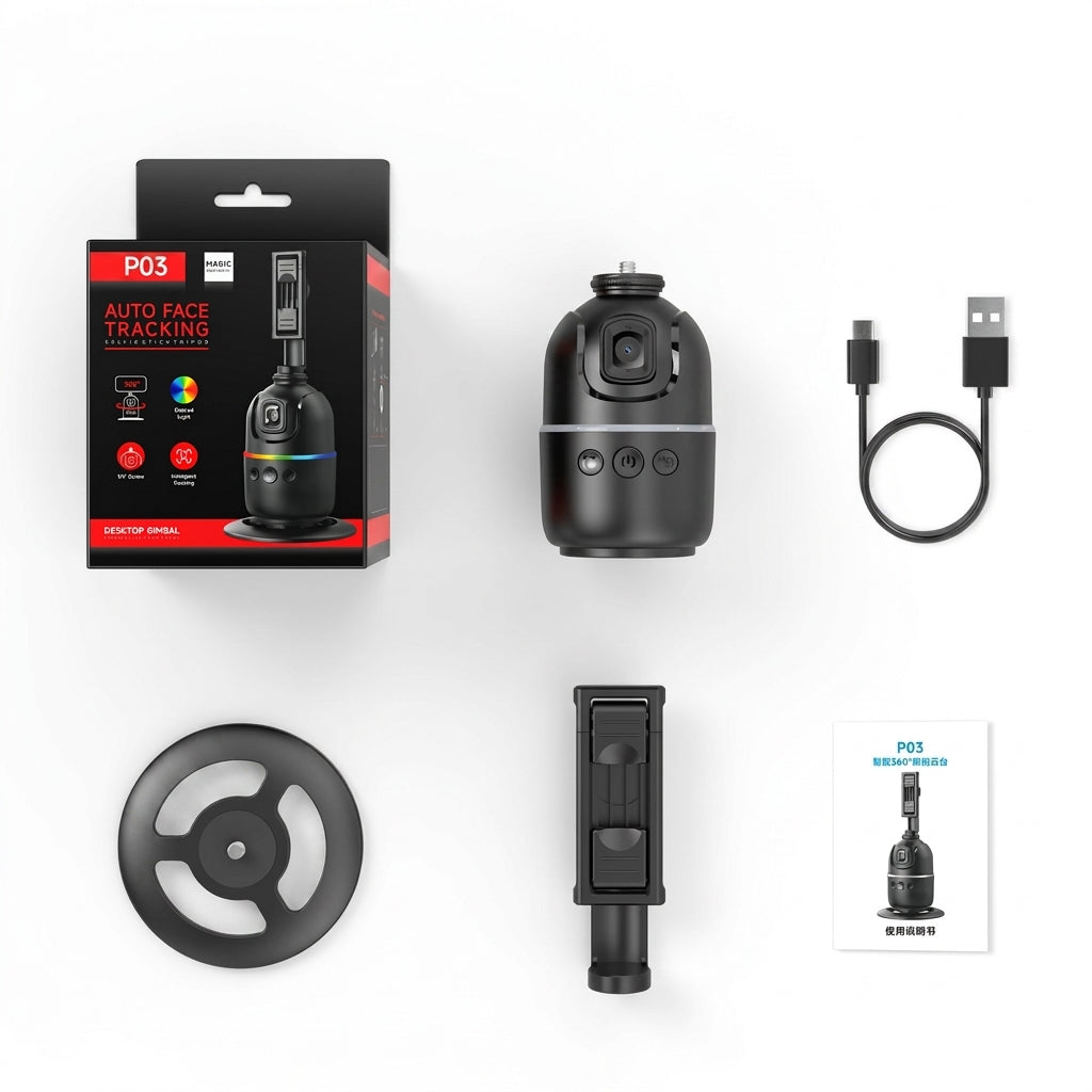 P03 360° Auto Face-Tracking AI Phone Gimbal — Desktop Tripod Holder for Vlog & Live