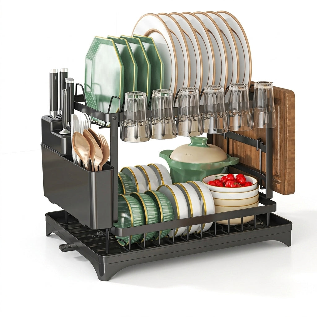 Stainless Steel 2-Tier Dish Rack — Fast-Drying & Stain-Free, Heavy-Duty Carbon Steel Frame