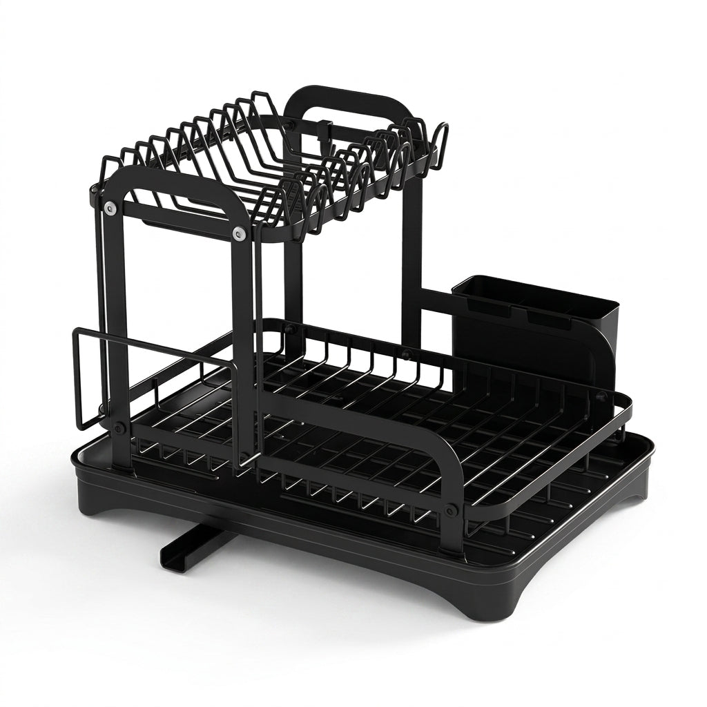 2-Tier Wrought Iron Dish Drainer with 360° Drainage & Drainboard