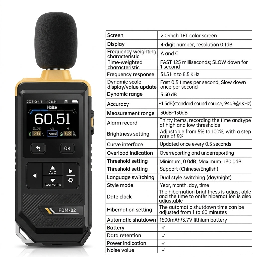 FDM-02 Digital Noise Meter — 30–130 dB A/C-weighted Handheld Decibel Meter