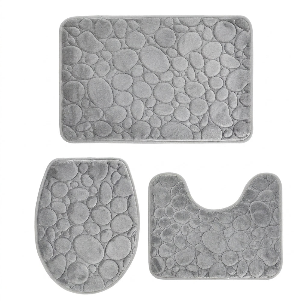 Three‑Piece Stone‑Pattern Microfibre Bathroom Mat Set — Water‑Absorbent & Non‑Slip