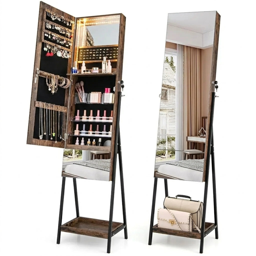 LED Jewellery Cabinet — Freestanding Lockable Armoire with Full-length Mirror & Large Storage