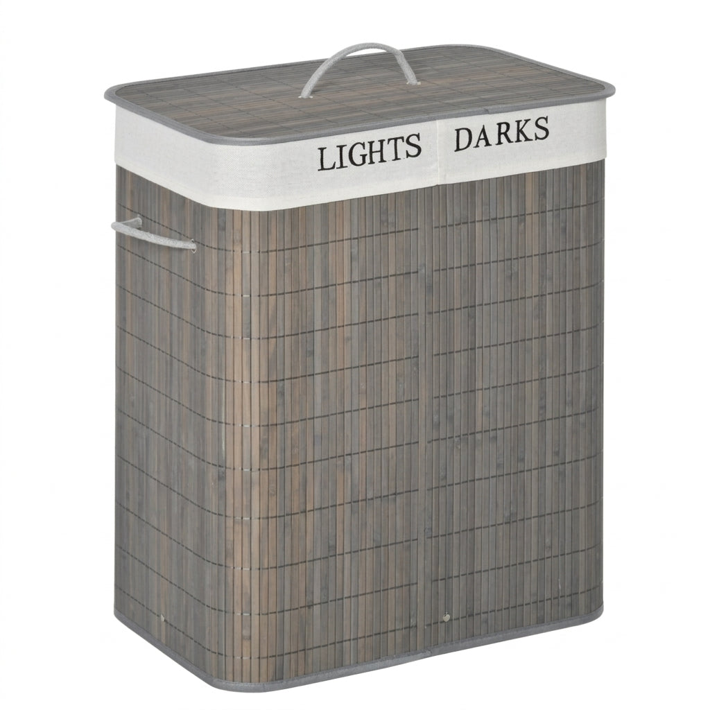 100L Collapsible Laundry Hamper with Lid & String Handles — 2-Section, Removable Lining, Grey