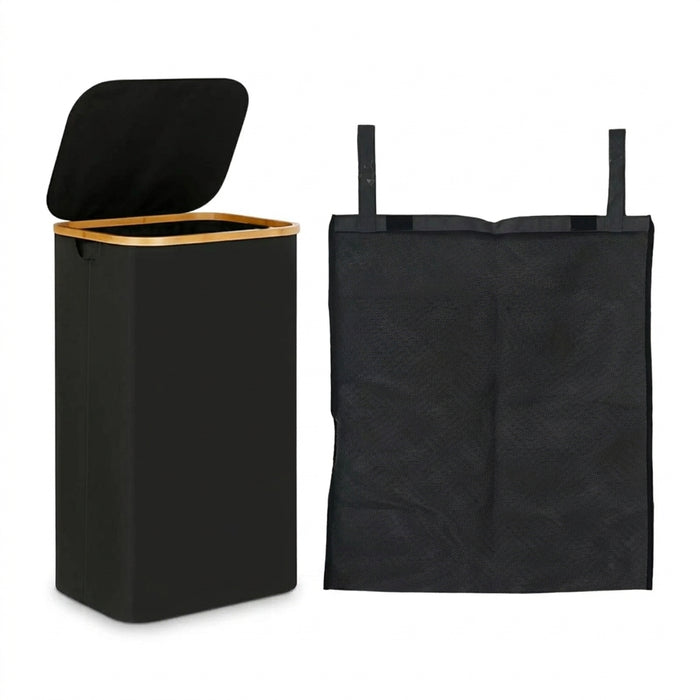 Foldable 2-Section Laundry Hamper with Lid — Bamboo Handles & Removable Bag