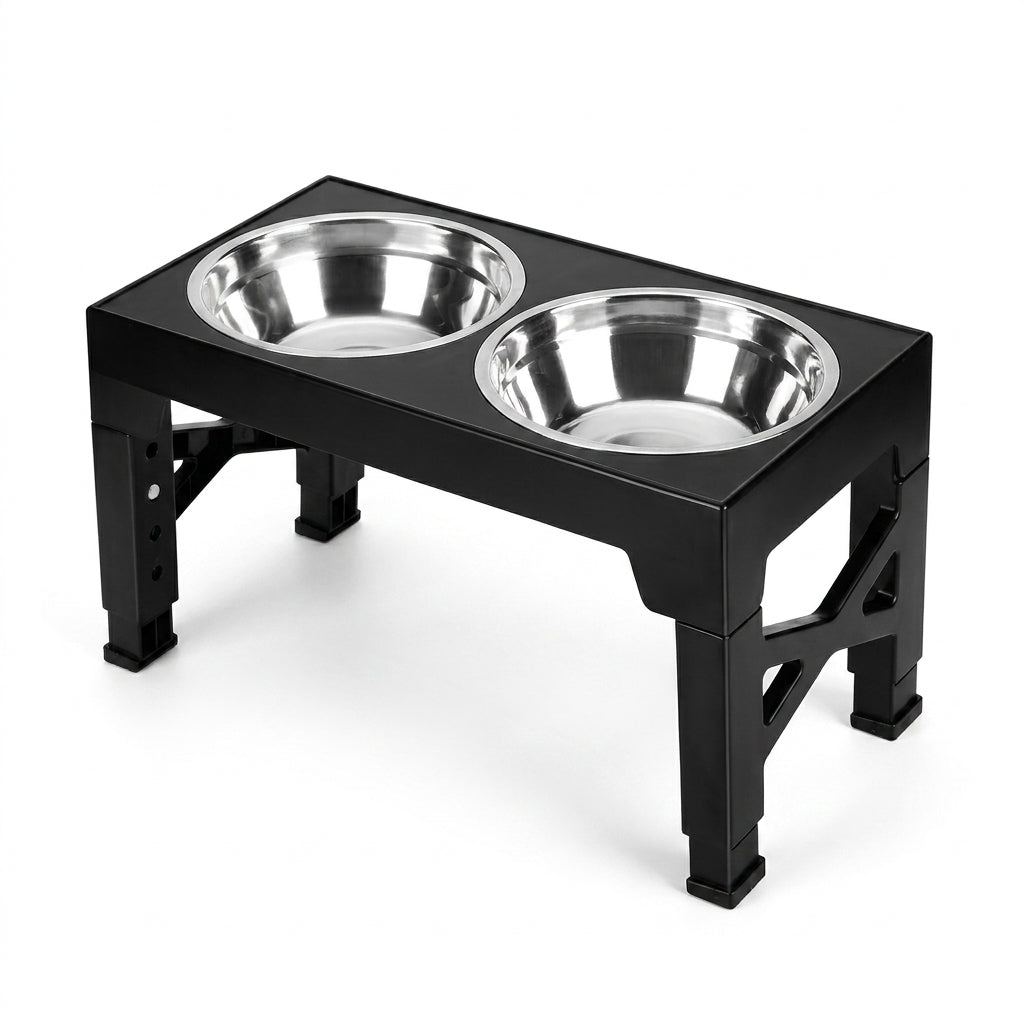 Adjustable Raised Dog Feeding Station with Two Stainless Steel Bowls - Black