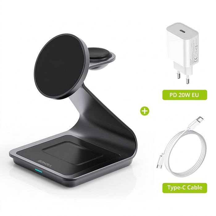 Magnetic 3‑in‑1 Wireless Charger Station for iPhone 17–12, Apple Watch & AirPods (28W)