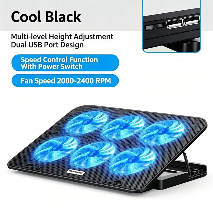 6-Fan Laptop Cooling Pad — 5-Level Adjustable Stand for 12–18-inch Laptops, Quiet USB Powered