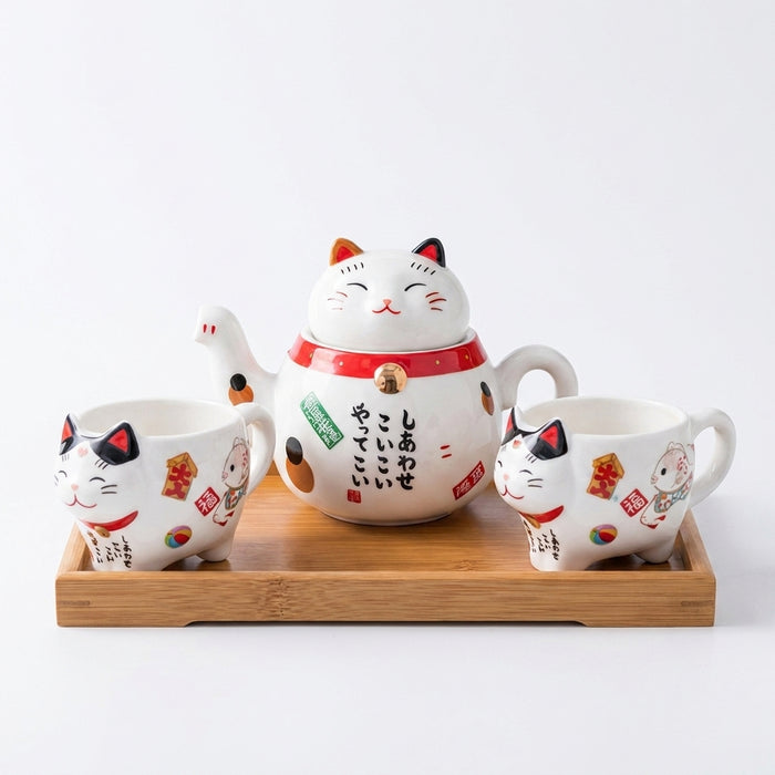 Japanese-style Maneki Neko Porcelain Tea Set with Strainer