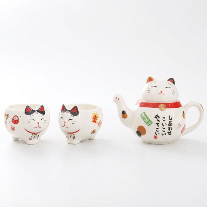 Japanese-style Maneki Neko Porcelain Tea Set with Strainer