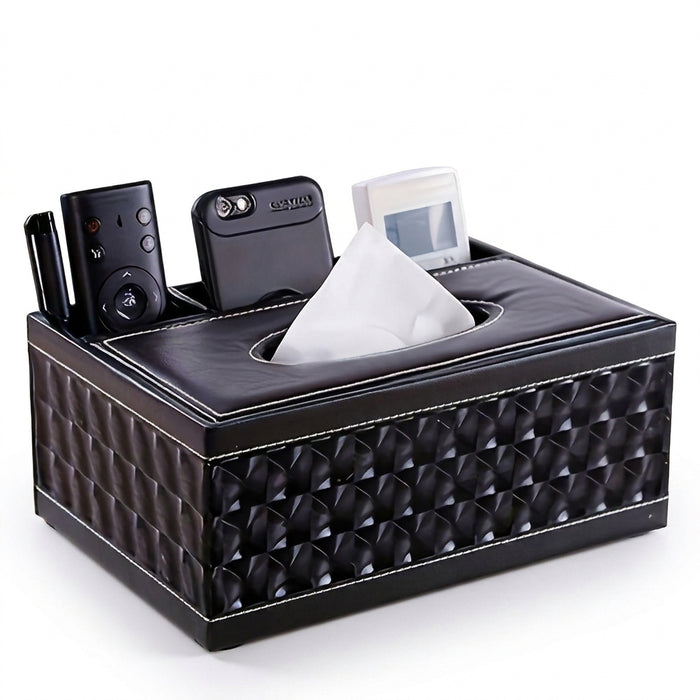Faux Leather Tissue Box Cover with Remote Holder — Living Room & Desktop Organiser