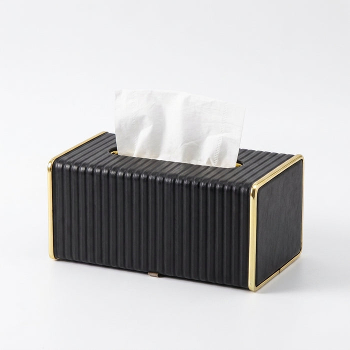 White Rectangular Leather Tissue Box Cover with Gold-Tone Edging — Small 16×11.5×8cm