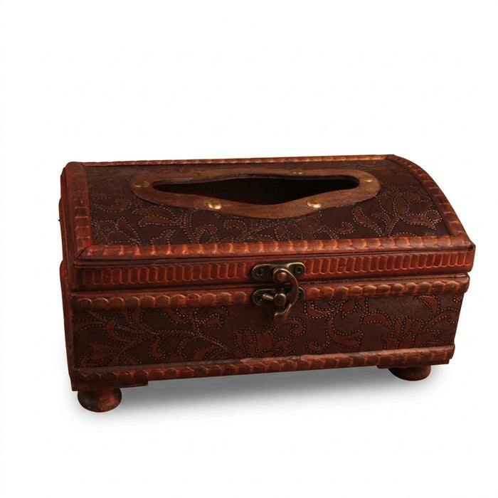 Royal-style Torched Wood Tissue Box Cover – Brown, Four-Leg Design