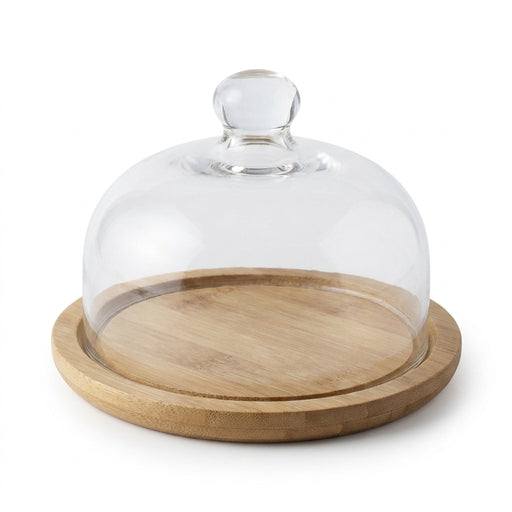 Wooden Cake Stand with Transparent Dome — Dessert Plate & Cupcake Display (Turntable)