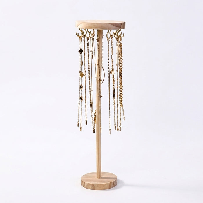 Wooden Jewellery Organiser Tower — 12 or 18 Golden Hooks, Round Base