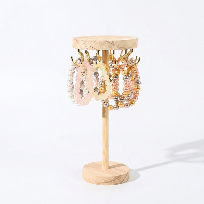 Wooden Jewellery Organiser Tower — 12 or 18 Golden Hooks, Round Base