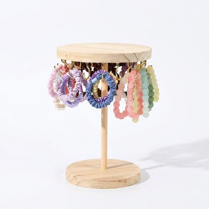 Wooden Jewellery Organiser Tower — 12 or 18 Golden Hooks, Round Base