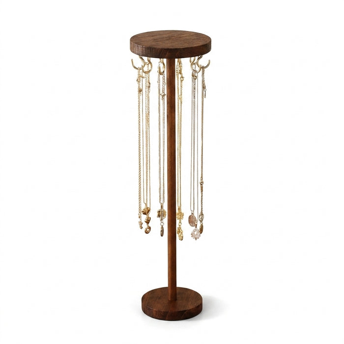 Wooden Jewellery Organiser Tower — 12 or 18 Golden Hooks, Round Base