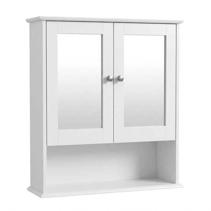 Double‑Door Wall‑Mounted Mirror Cabinet with Open Shelves, 56 x 13 x 58cm, White