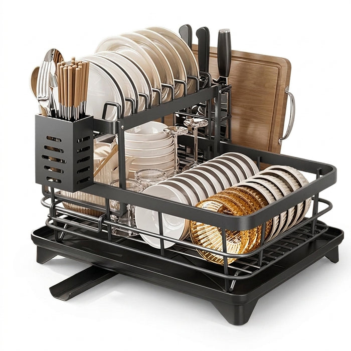 2-Tier Dish Drainer Rack with Drip Tray and Swivel Drain Spout, Utensil & Cup Holders