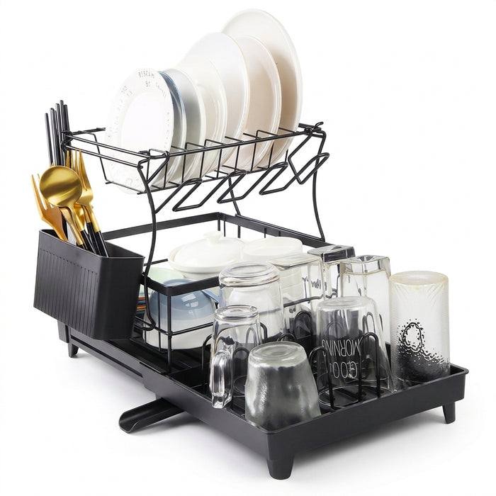 2-Tier Dish Drainer Rack with Utensil Holder – Space-Saving Metal Drying Rack