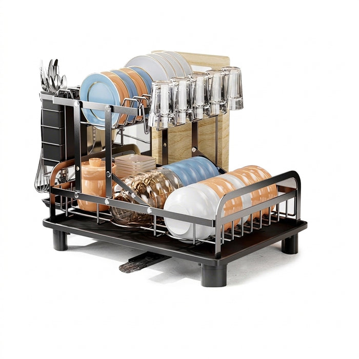 2-Tier Dish Drainer Rack with Utensil Holder – Space-Saving Metal Drying Rack