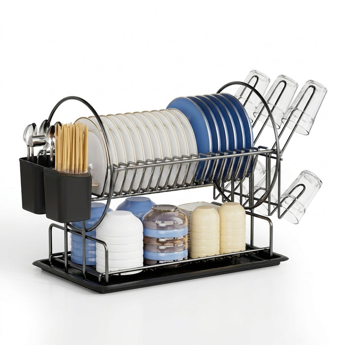 2-Tier Dish Drying Rack with Drip Tray, Cup & Utensil Holders