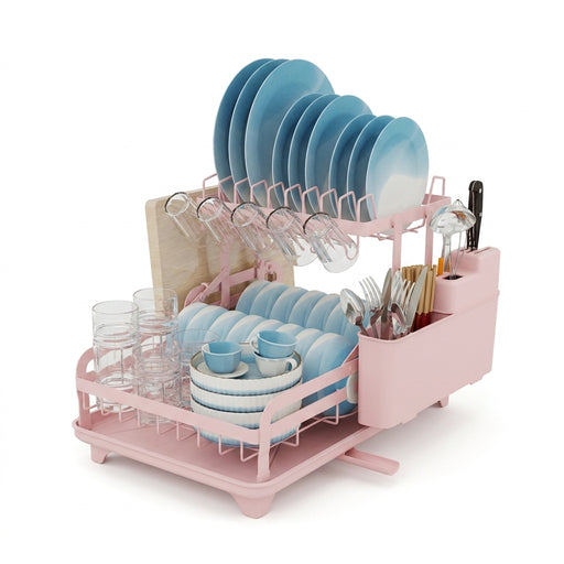 2-Tier Metal Dish Drying Rack with Drainboard — No Assembly, Foldable (Pink)
