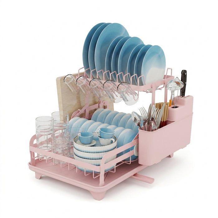 2-Tier Metal Dish Drying Rack with Drainboard — No Assembly, Foldable (Pink)