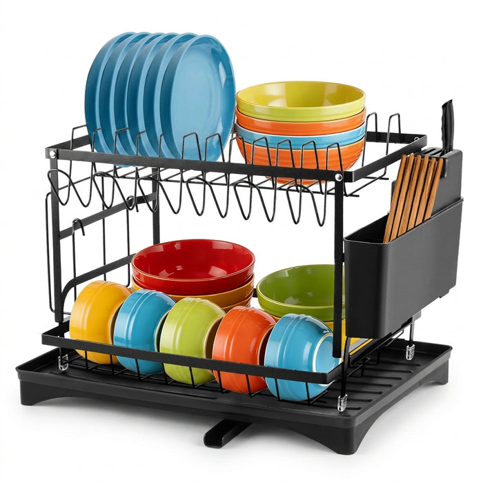 2-Tier Black Carbon Steel Dish Drying Rack with Drip Tray & Utensil Holder