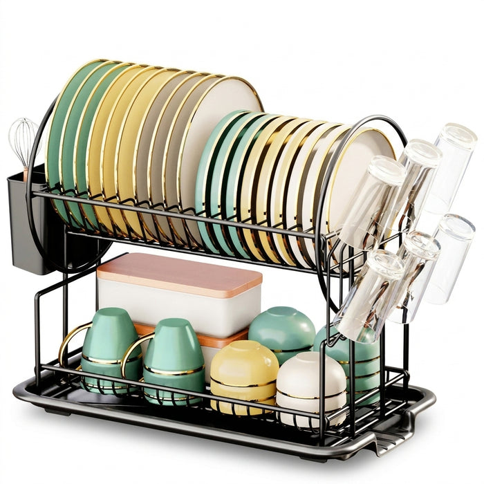 2-Tier Dish Drainer with Drain Board, Cup & Utensil Holders