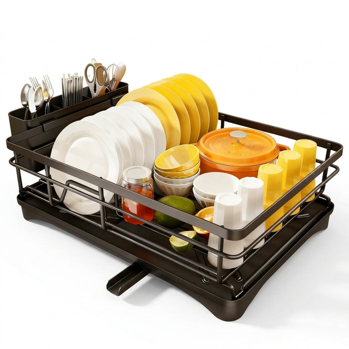 Steel 1-Tier Dish Rack with Angled Drainboard & 3-Slot Cutlery Caddy — Black