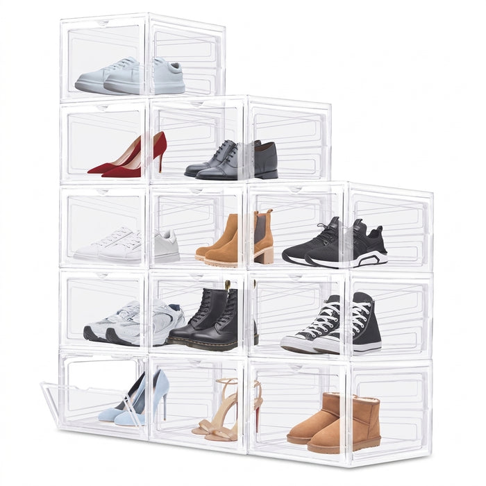 Clear Magnetic Stackable Shoe Boxes — 6/9/12 Pack, Flip-Front Organisers