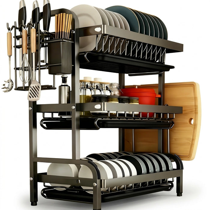 Large 2- or 3-Tier Carbon Steel Dish Rack – Auto-Draining Kitchen Organiser (Black)