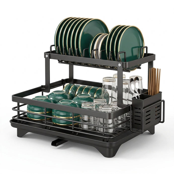 2-Tier Stainless Steel Dish Rack — Large Capacity with Cutting Board Holder & Drainboard