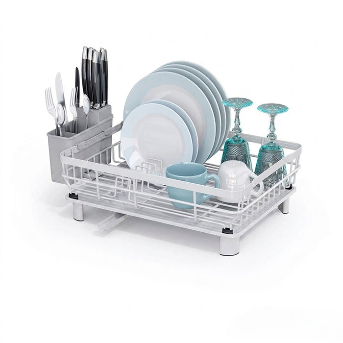 Countertop Dish Drainer with Drainboard & Utensil Organiser — Wrought Iron, Single-Layer (White/Black)