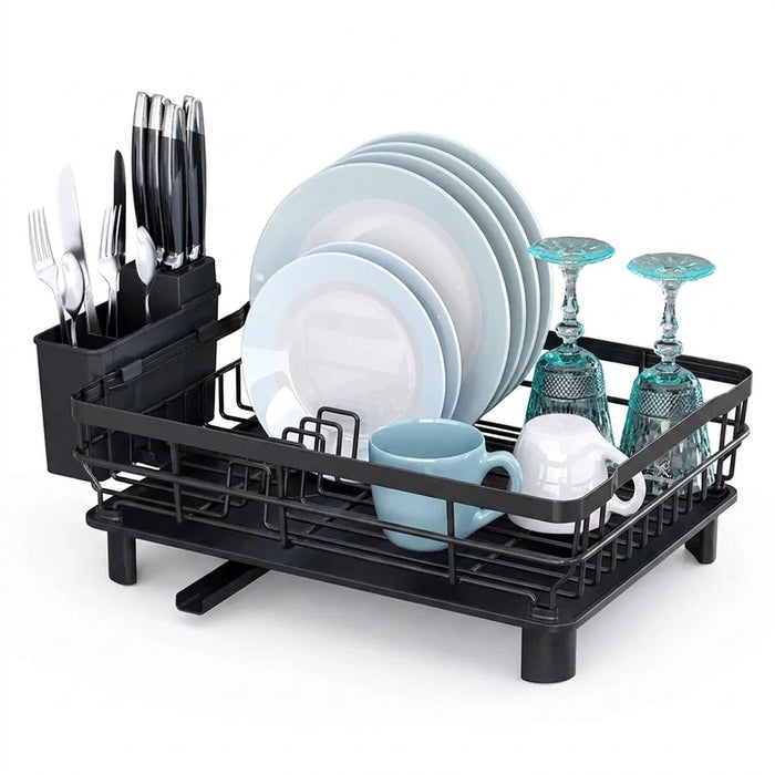 Countertop Dish Drainer with Drainboard & Utensil Organiser — Wrought Iron, Single-Layer (White/Black)