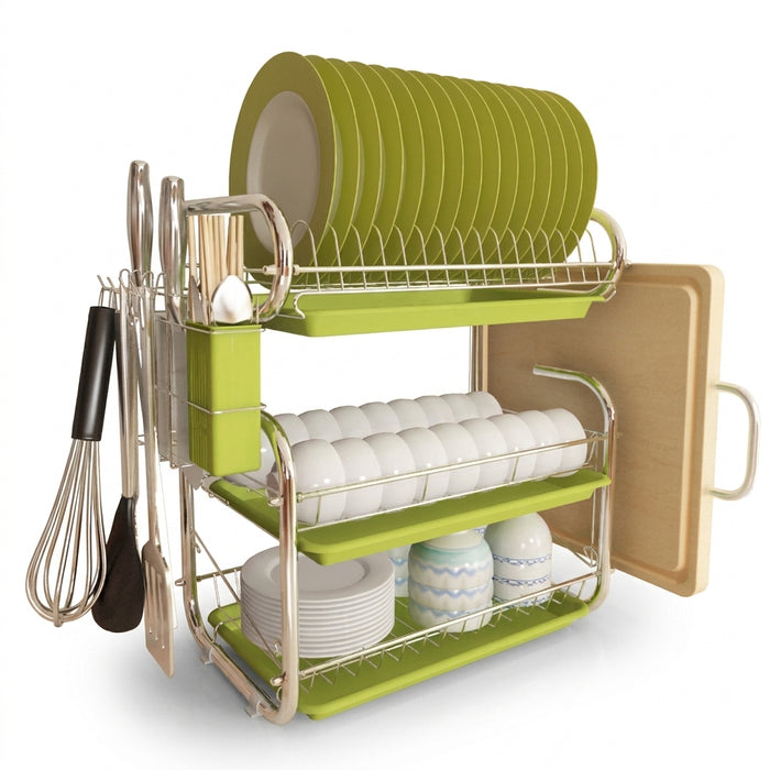 3-Tier Chrome Kitchen Drying Rack with Drip Tray