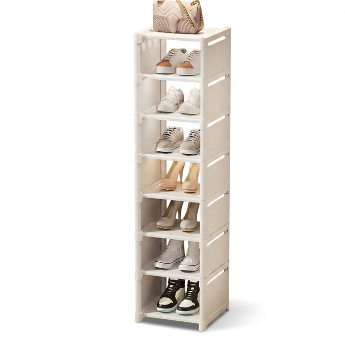 7-Grid Shoe Rack — Metal Tube Frame with Fabric Shelves, Floor Installation, Black or White